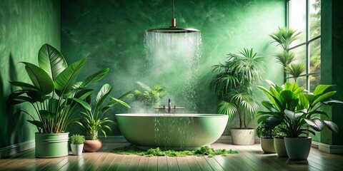 Modern Green Bathroom Double Exposure Stock Photo: Lush Plants & Relaxing Shower