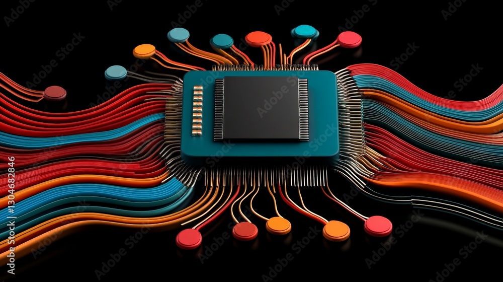 Poster colorful circuitry and microchip design with flowing connections
