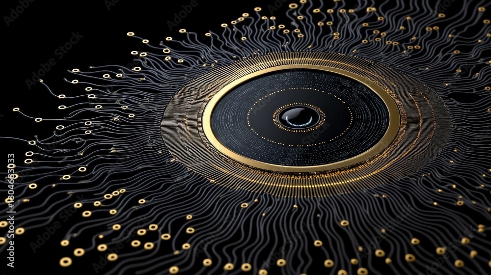 Poster abstract design with circular pattern and golden connections glowing