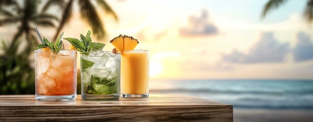 Vibrant summer food and tropical drinks, tropical drinks with vibrant summer food, refreshing vibrant summer food and tropical drinks. Refreshing tropical drinks served by the beach during sunset.