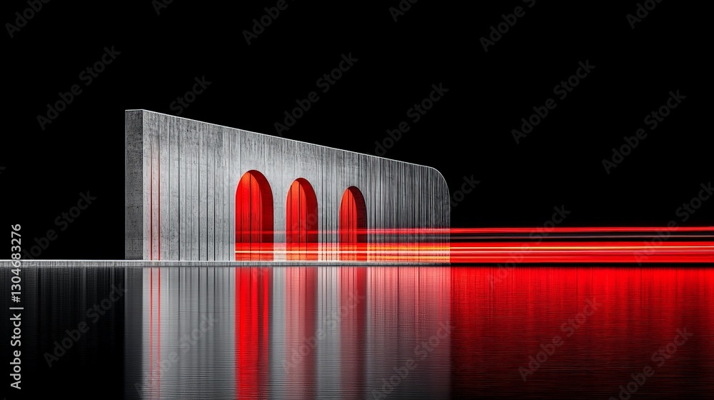 Poster abstract light trails with modern architecture by a reflective water surface