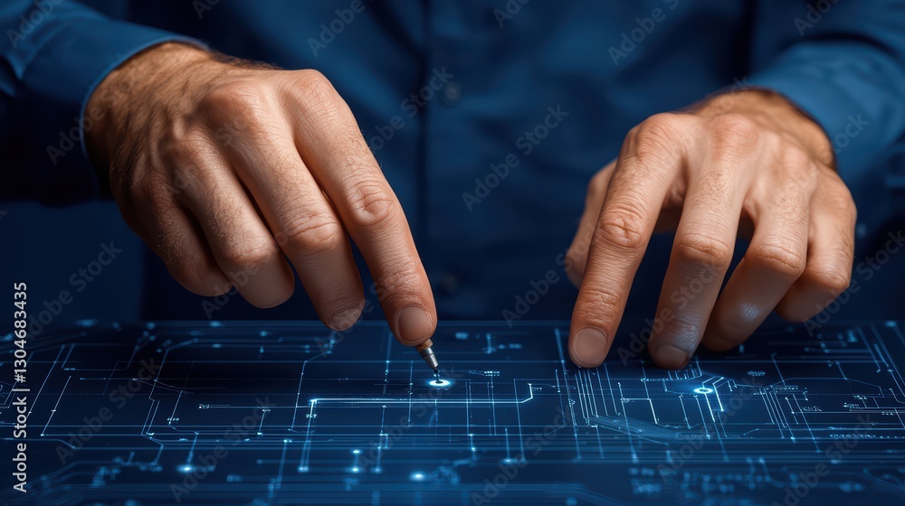 Poster focused hands engaging with digital interface in a startup environment for product development