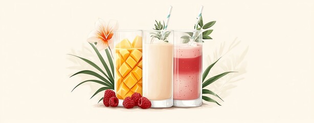 Tropical drinks with vibrant summer food, refreshing vibrant summer food and tropical drinks. Colorful cocktails featuring fruits, perfect for summer gatherings and refreshing moments.