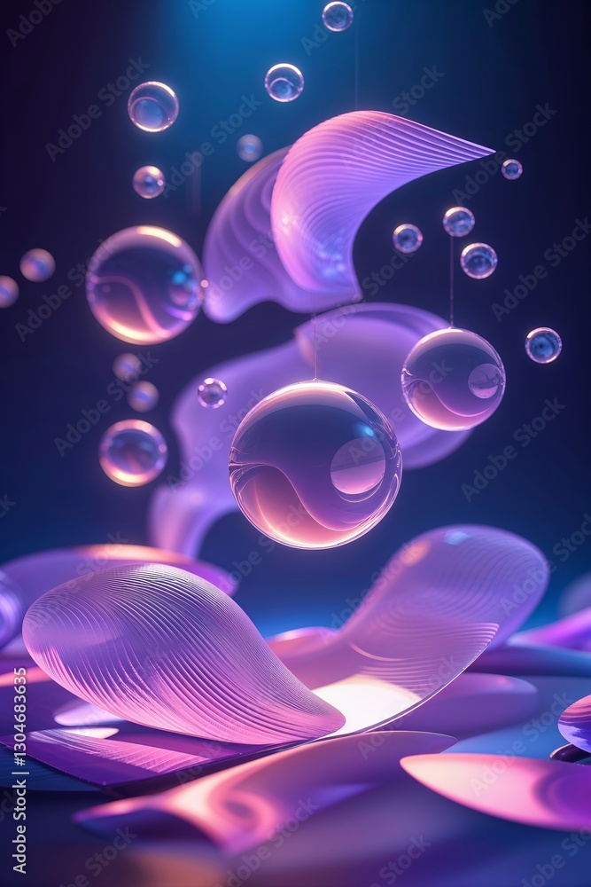 Poster floating abstract shapes and bubbles creating a surreal atmosphere with glowing colors in a modern a