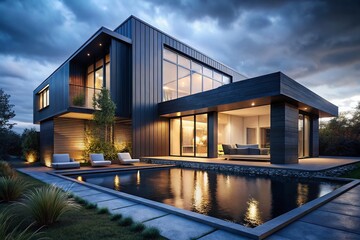 Fototapeta premium Modern Minimalist Home Exterior - Dark Gray Siding, Large Windows, Water Feature