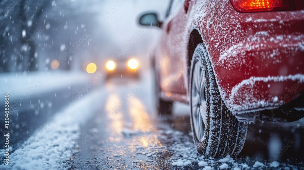 Poster red car covered in snow on a winter road with headlights in background creating a seasonal mood with