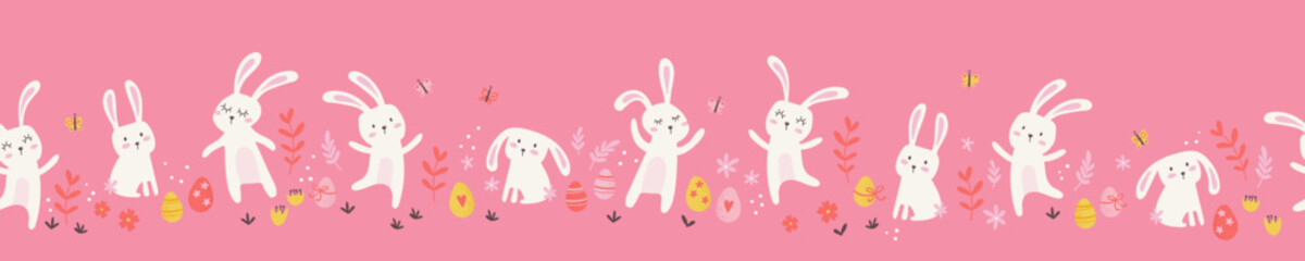 Cute hand drawn Easter seamless pattern with bunnies, flowers, easter eggs, beautiful background, great for Easter Cards, banner, textiles, wallpapers
