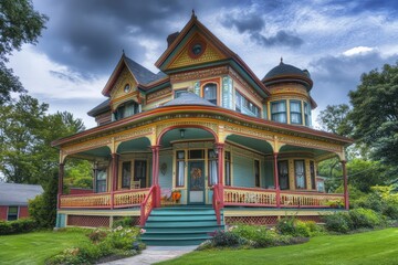 Fototapeta premium A picturesque Victorian house with a wraparound porch, vibrant paint accents, and detailed wood trim