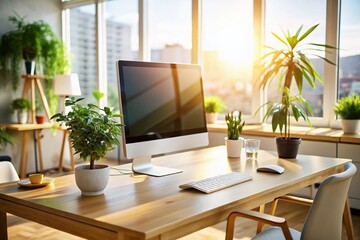 Fototapeta premium Modern Office Workspace: Clean Desk Computer Mockup Stock Photo