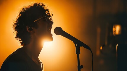A musician singing into a studio microphone, deep emotion in their expression, soft backlight highlighting their silhouette
