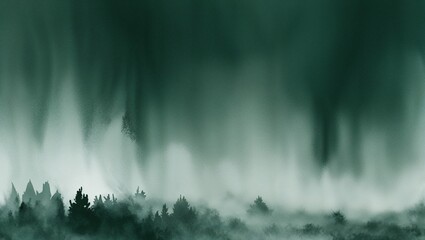 A hauntingly beautiful green mist envelops shadowy forest outlines.