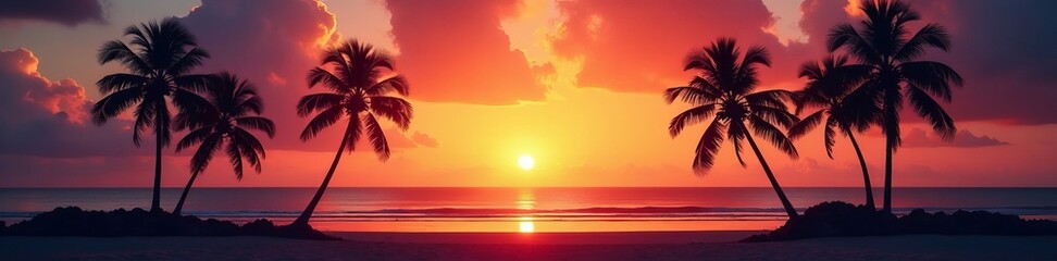 Silhouette of palm trees on beautiful Bali beach at sunset, sunset, tropical © YASUMIN