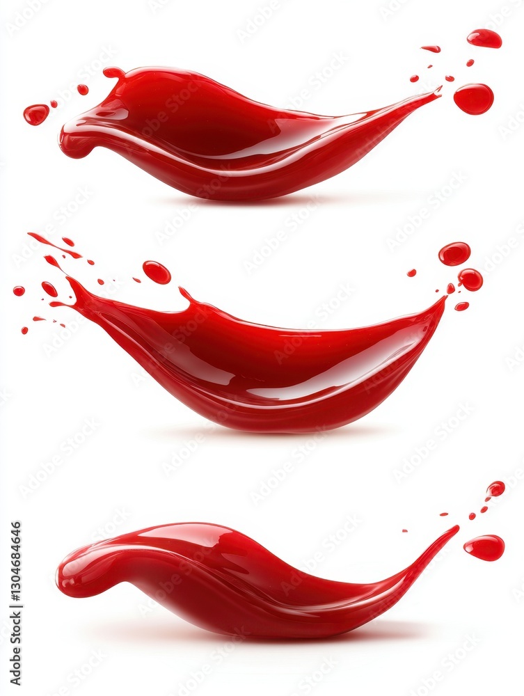 Poster dynamic red liquid splashes on white backdrop capturing movement and fluidity in a clean minimalist 