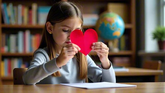 A girl is sitting at a desk at school and draws a valentine's card  - Powered by Adobe