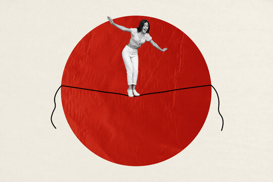Exclusive sketch collage of happy girl stand ribbon rope-walker risk hobby art doodle entertainment fearless step equilibrium