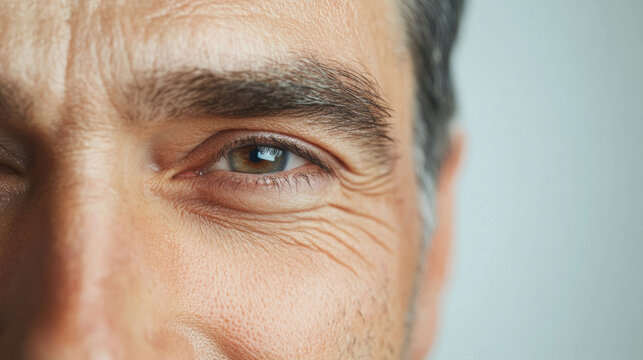 Close up of mature man face showing deep crow feet and relaxed expression, highlighting aging features