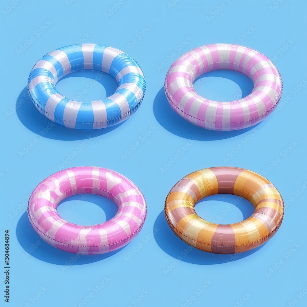 Poster vibrant array of striped inflatable rings on light blue surface capturing summer fun and relaxation 