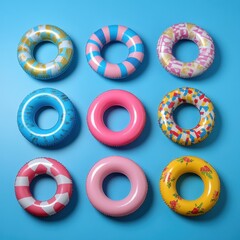 Playful summer vibe with colorful inflatable rings on a vibrant blue background perfect for vacation themes and fun designs