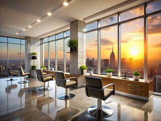 Fototapeta premium Modern Urban Salon Sunset City View - Sleek Interior Design Stock Photo