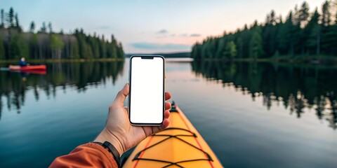 Hand holding smartphone with blank white screen inside a kayak on a calm lake, surrounded by mountains and forests. Scenic nature mockup for travel, adventure, and outdoor branding.