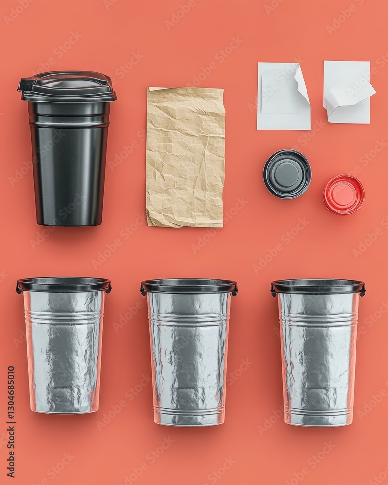 Poster minimalist composition of assorted containers and paper on coral backdrop showcasing diverse materia
