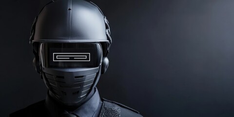 legislation policy enforcement concept. A mysterious figure in a black helmet and mask against a dark background.