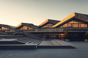 Obraz premium A public building with bold geometric features, including staggered rectangular sections and angular rooflines