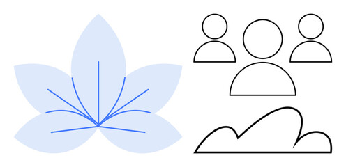 Abstract flower with radiating lines and outline of three people above clouds symbolizing synergy, growth, teamwork, nature, connection, inspiration, and mindfulness. Flat simple metaphor