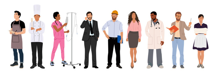 Diverse group of people in various professions, occupations, including chef, nurse, doctor, waitress, builder engineer, businessman, secretary, teacher. Flat vector illustrations isolated