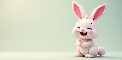 Obraz premium Smiling cartoon bunny with pink ears and fluffy tail, cute, domestic