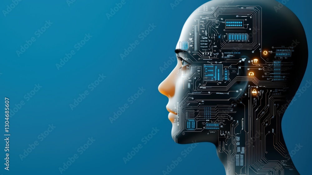 Poster futuristic profile of artificial intelligence with circuit board design and blue background
