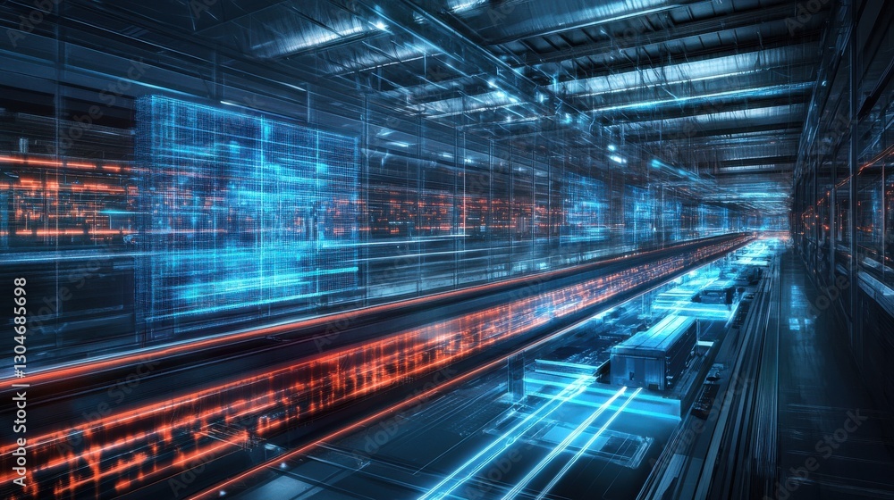 Poster futuristic concept of a fully automated logistics warehouse with ai-powered systems and advanced aug