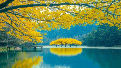 Wooden dock on autumn lake in the fall season
