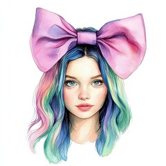 Colorful Portrait of a Young Woman with a Large Bow on Head