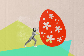 Composite image montage trend artwork 3D collage of young lady walk hand hold big egg pull push...