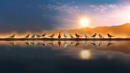 Birds on pond standing a line with reflection