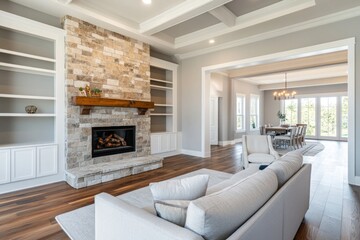 Fototapeta premium Spacious living room with stone fireplace, built-in shelves, hardwood floors, and view of dining area.