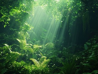 Obraz premium Lush jungle canopy bathed in ethereal sunlight casting dramatic shadows creating a serene and mystical atmosphere in a verdant tropical paradise