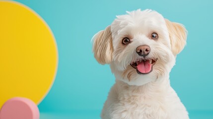 Obraz premium Adorable Puppy Smiling Joyfully in Colorful Studio Setting with Bright Background Elements