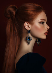 A striking portrait of an eccentric woman with vibrant red hair in an elegant updo, wearing a tailored blue suit and a crystal-embellished jacket, gazing away in a side profile with soft lighting agai