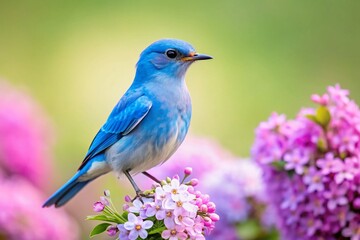 Obraz premium Mountain Bluebird on Lilac Bush - Spring Bird Photography