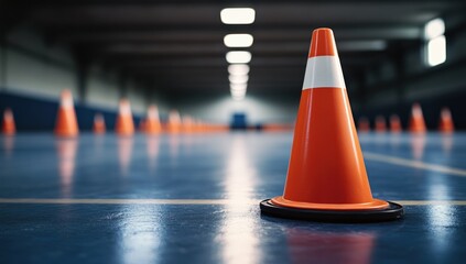 illuminated indoor space featuring safety cones delineating boundaries with an emphasis on security