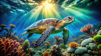 Obraz premium Green Sea Turtle Photography: Underwater Ocean Wildlife, Endangered Species, Conservation, Marine Life, Nature, Reptiles