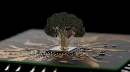 Tree of Life Emerging from Computer Chip with Circuitry Background