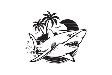 Shark Surfing with Palm Trees and Ocean Waves Design VECTOR