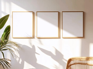 High quality stock photograph of three empty 3X4 dimension picture frame hung up on a white wall in a modern scandi apartment.