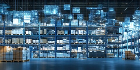 High-Tech Warehouse Interior with Holographic Displays