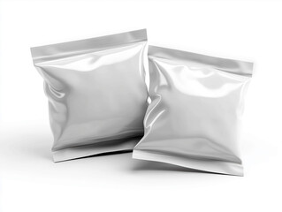 A couple of white snack plastic packaging for mockup on white background. The unbranded surface makes it perfect for showcasing custom logos, labels, or product designs.