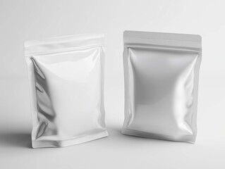 A couple of white snack plastic packaging for mockup on white background. The unbranded surface makes it perfect for showcasing custom logos, labels, or product designs.
