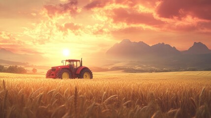 Fototapeta premium Red tractor in golden wheat field at sunset.
